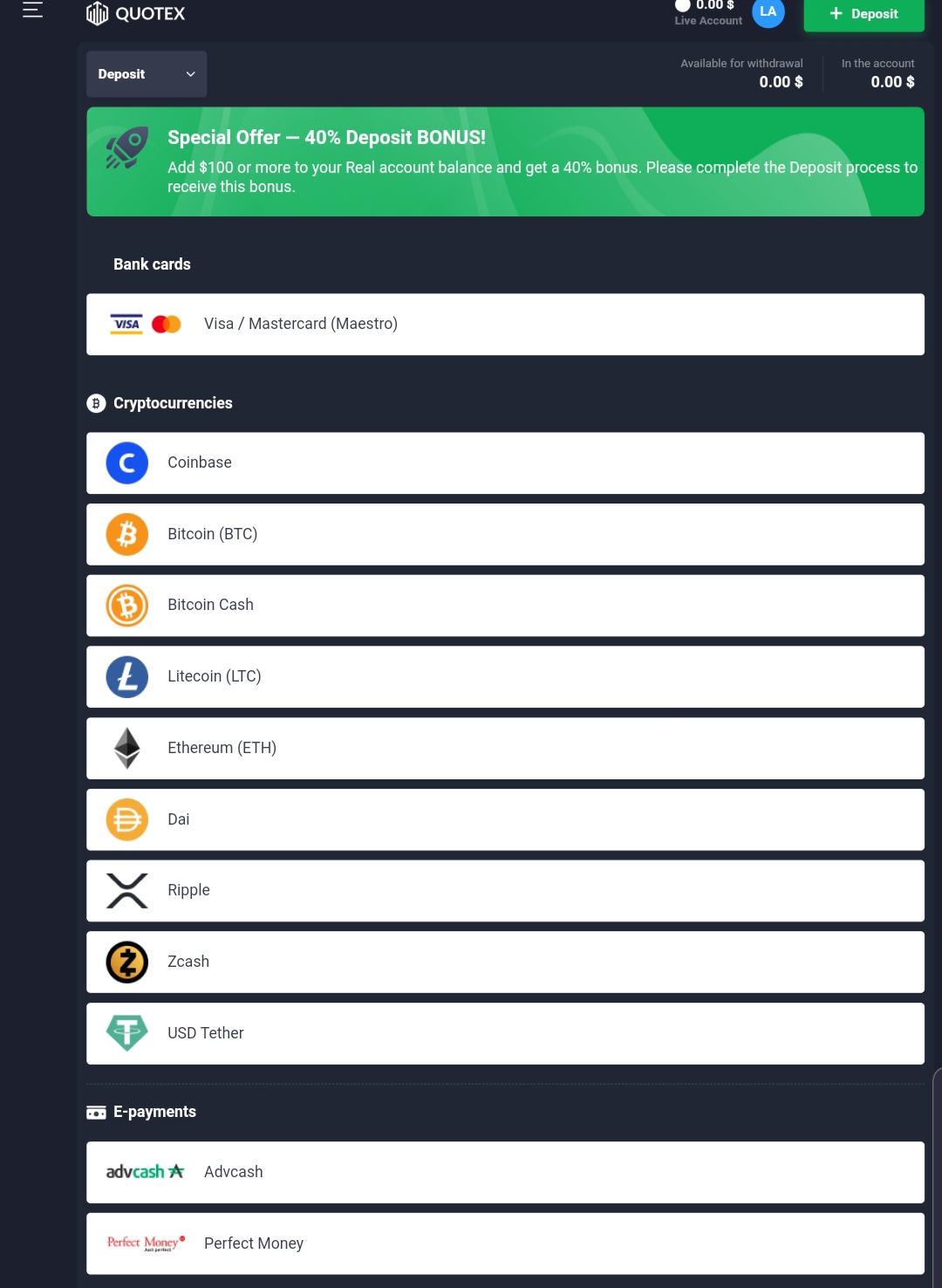 Quotex payment methods